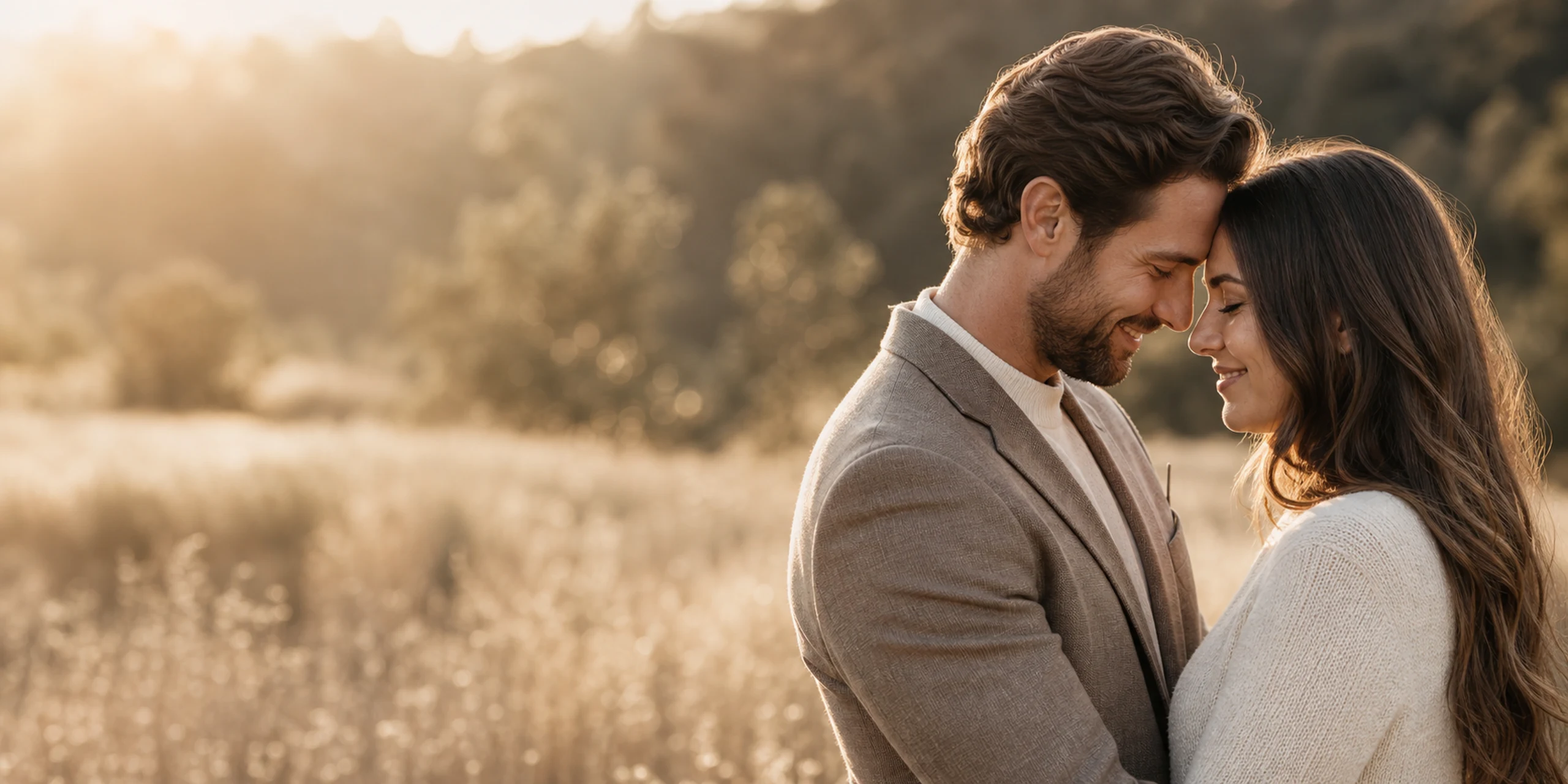 Adult couple sharing a warm conversation outdoors at golden hour